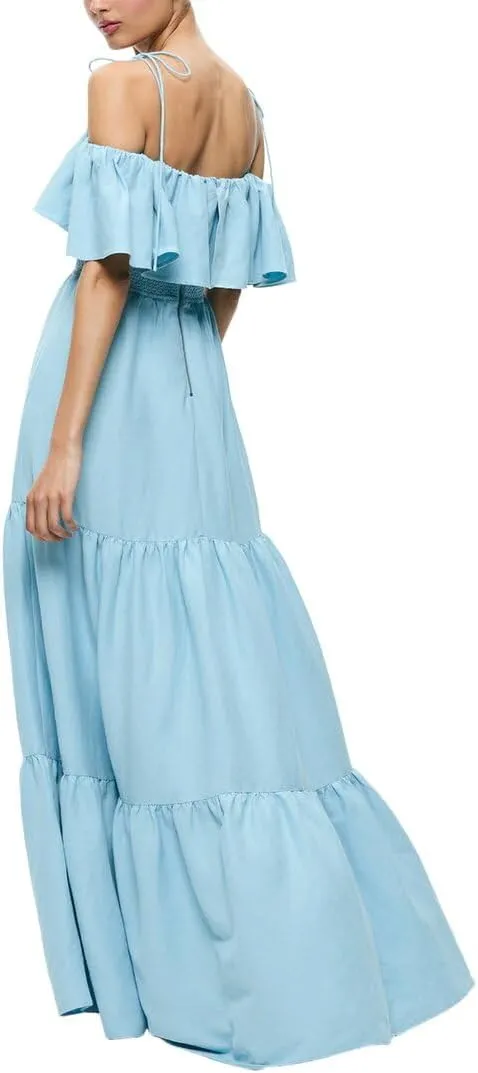 alice   olivia Kia Off Shoulder Tiered Linen-Blend Midi Dress