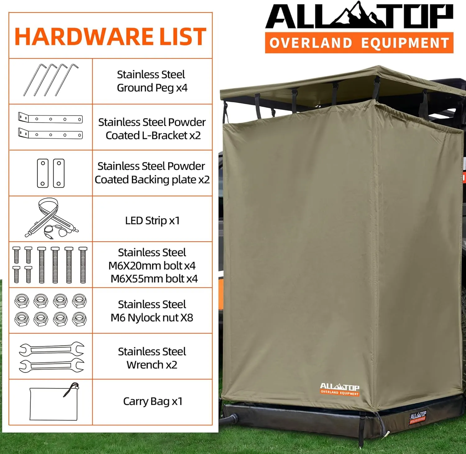 ALL-TOP Awning Shower Room w/Foldable Floor Mat, 3.3ft x 3.3ft, Privacy Shelter Restroom w/Roof, LED Light, Drain Pipe, Carside Bathroom