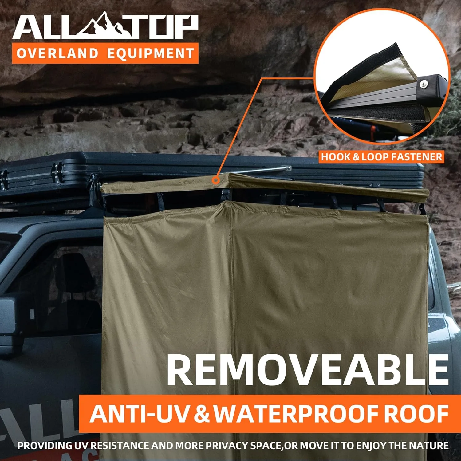 ALL-TOP Awning Shower Room w/Foldable Floor Mat, 3.3ft x 3.3ft, Privacy Shelter Restroom w/Roof, LED Light, Drain Pipe, Carside Bathroom