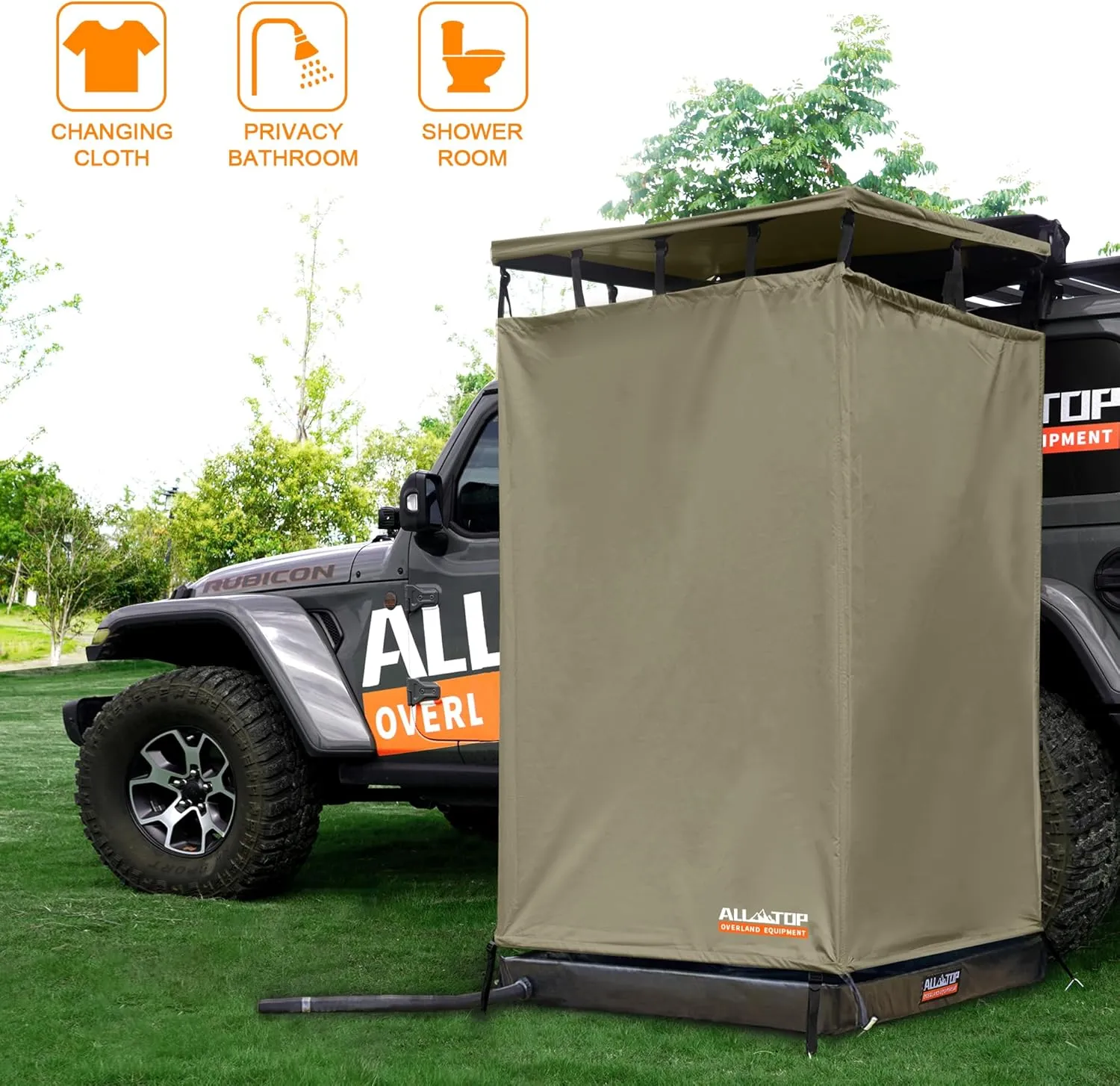 ALL-TOP Awning Shower Room w/Foldable Floor Mat, 3.3ft x 3.3ft, Privacy Shelter Restroom w/Roof, LED Light, Drain Pipe, Carside Bathroom