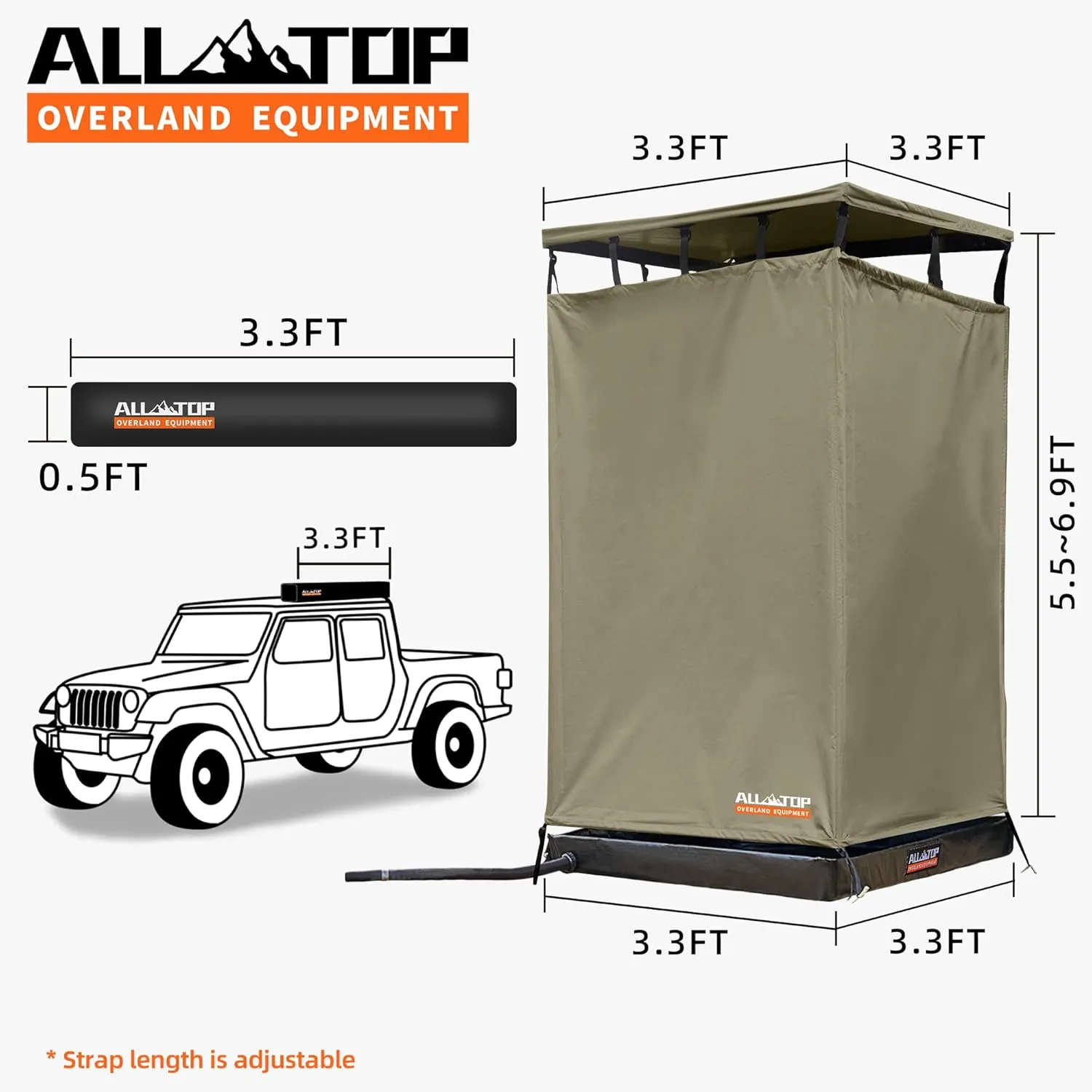 ALL-TOP Awning Shower Room w/Foldable Floor Mat, 3.3ft x 3.3ft, Privacy Shelter Restroom w/Roof, LED Light, Drain Pipe, Carside Bathroom
