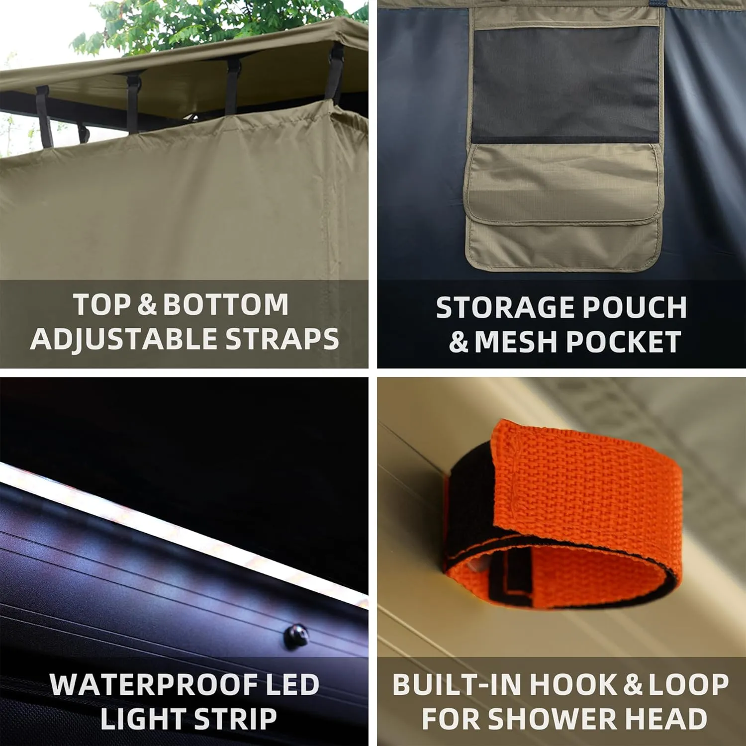 ALL-TOP Awning Shower Room w/Foldable Floor Mat, 3.3ft x 3.3ft, Privacy Shelter Restroom w/Roof, LED Light, Drain Pipe, Carside Bathroom