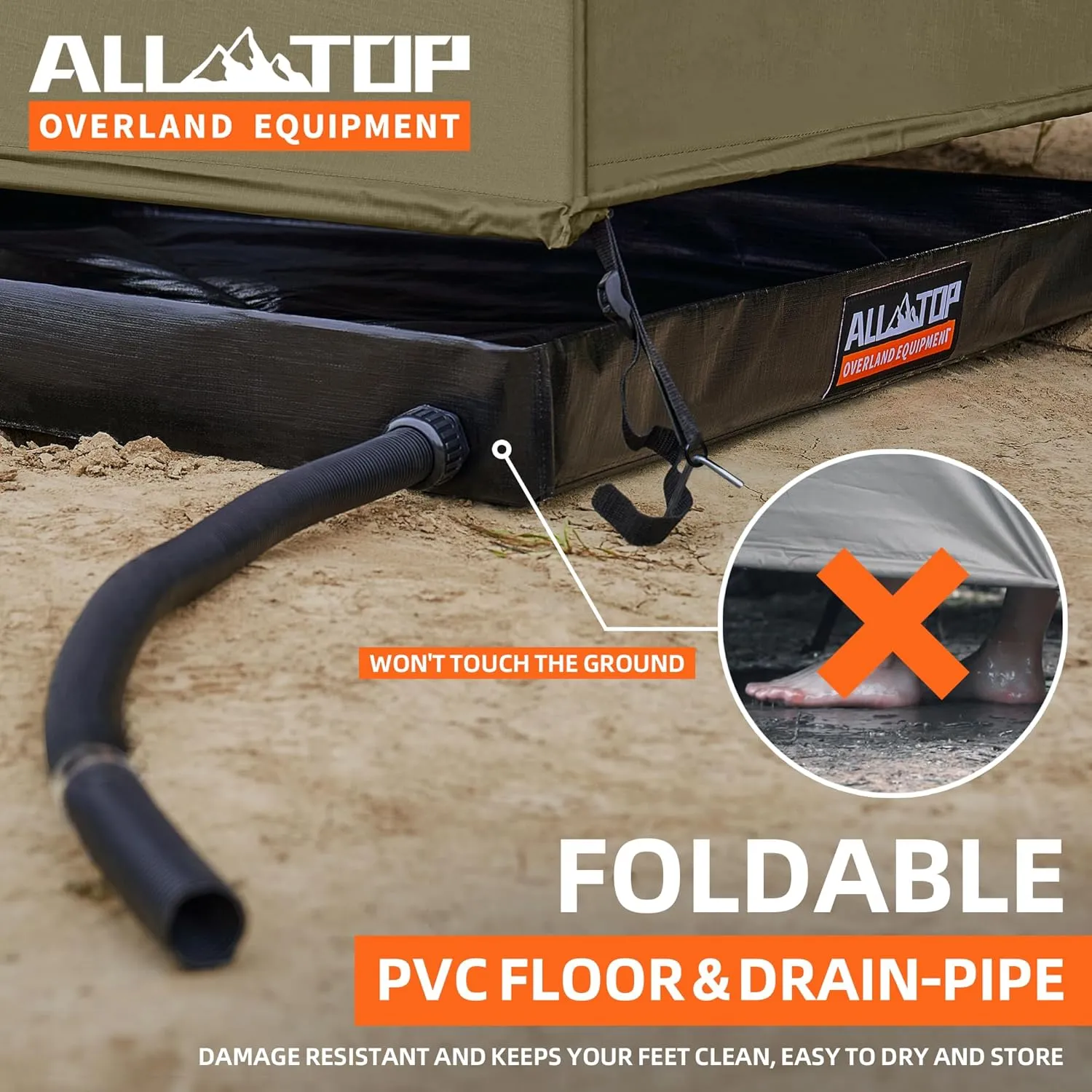 ALL-TOP Awning Shower Room w/Foldable Floor Mat, 3.3ft x 3.3ft, Privacy Shelter Restroom w/Roof, LED Light, Drain Pipe, Carside Bathroom
