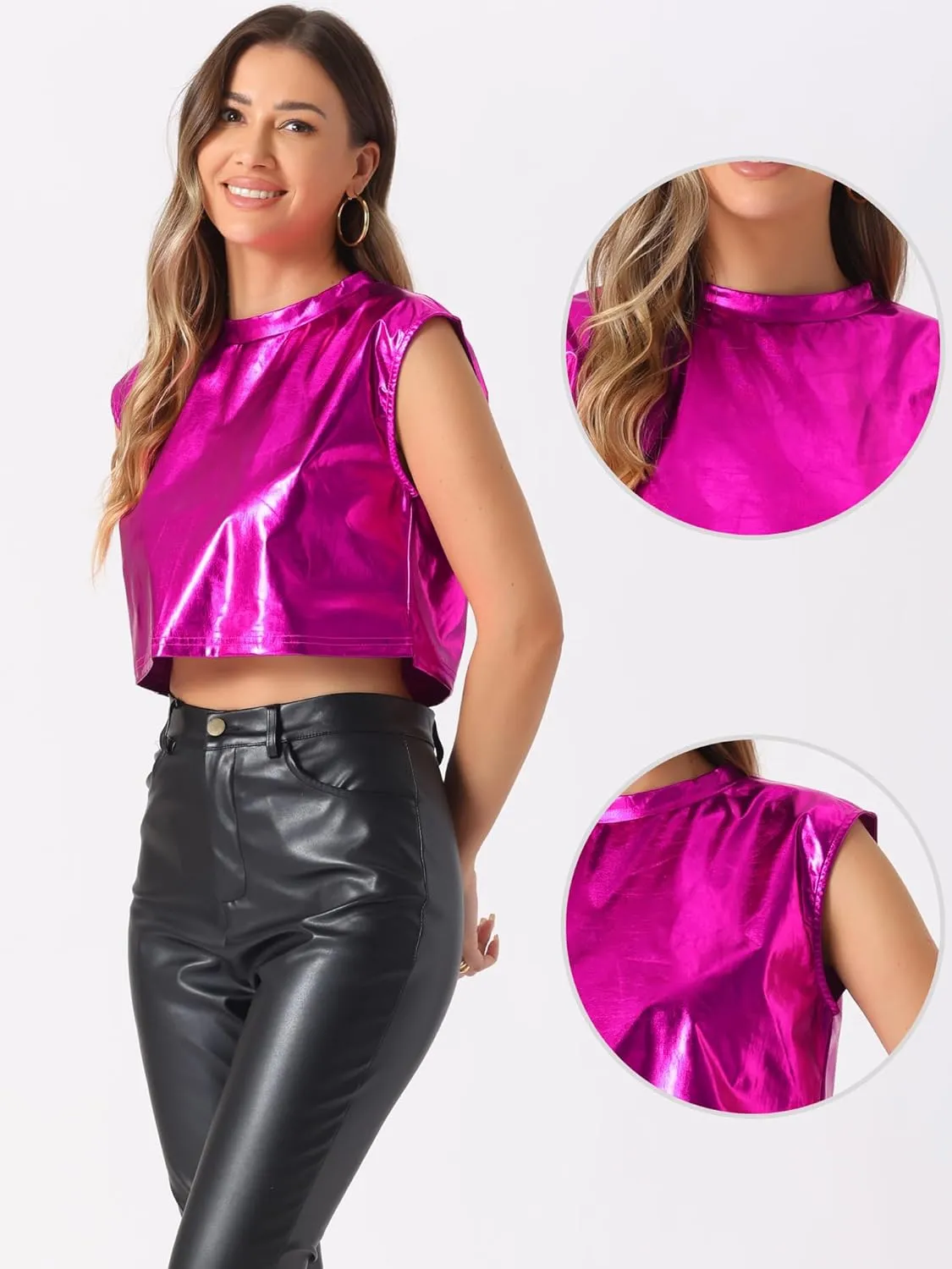 Allegra K Metallic Top for Women's Sleeveless Sparkle Party Round Neck Crop Holographic Tops