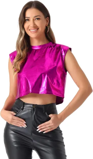 Allegra K Metallic Top for Women's Sleeveless Sparkle Party Round Neck Crop Holographic Tops
