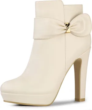 Allegra K Women's Chunky High Heels Platform Bow Decor Ankle Boots