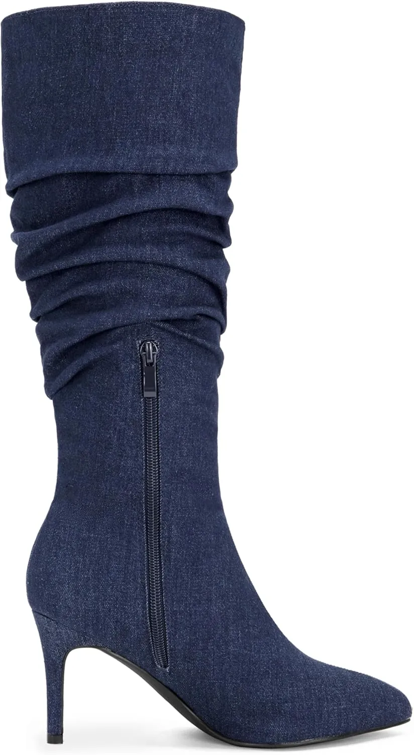 Allegra K Women's Pointed Toe Slouched Stiletto Heels Knee High Boots