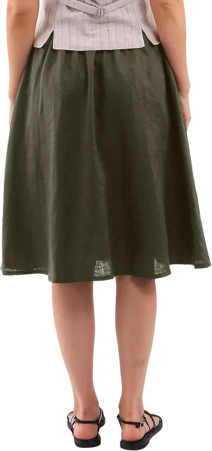 Amazhiyu Womens Pure Linen A Line Pleated Midi Skirt Elastic Waist with Pockets