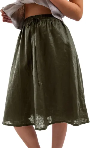 Amazhiyu Womens Pure Linen A Line Pleated Midi Skirt Elastic Waist with Pockets