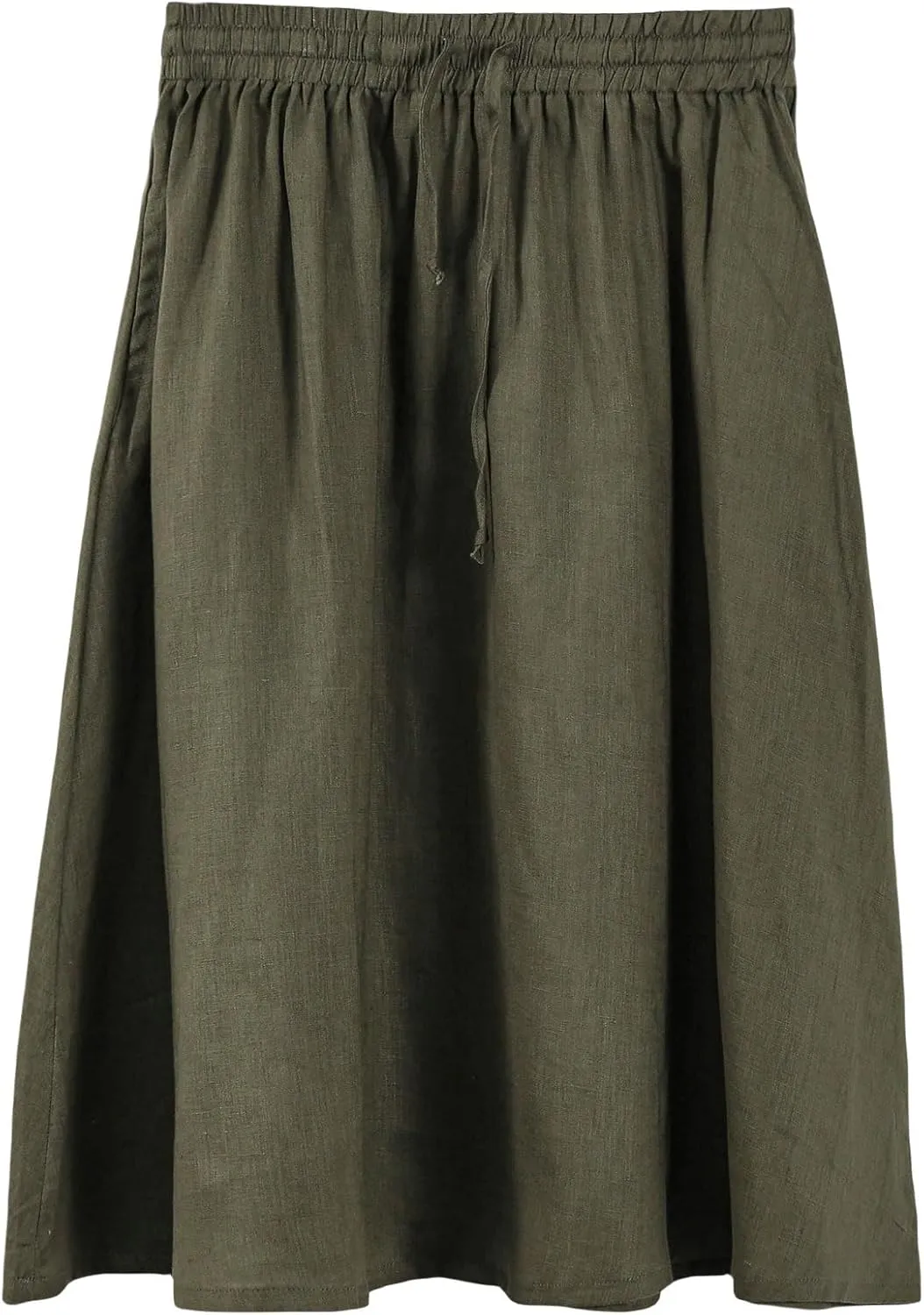 Amazhiyu Womens Pure Linen A Line Pleated Midi Skirt Elastic Waist with Pockets