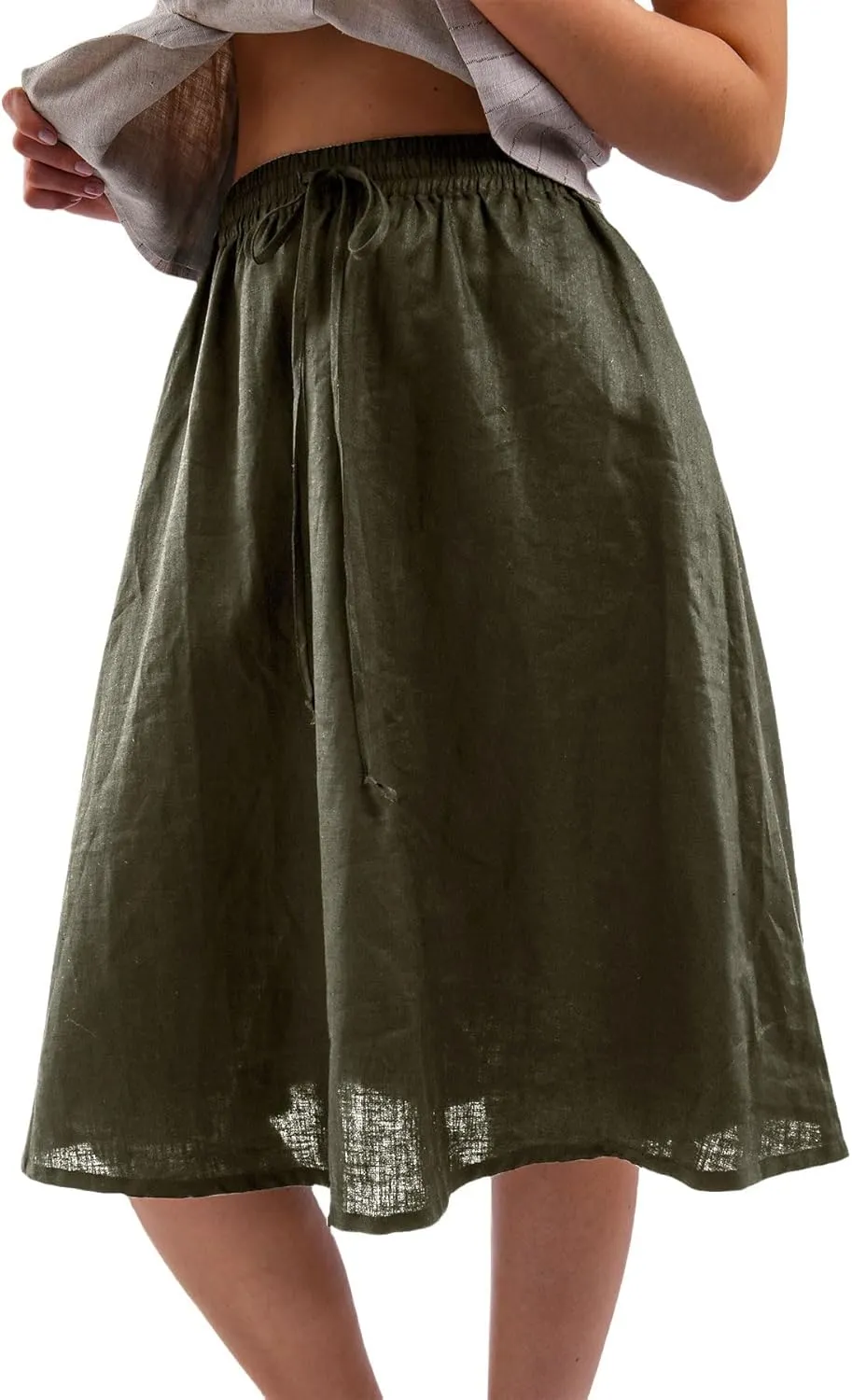 Amazhiyu Womens Pure Linen A Line Pleated Midi Skirt Elastic Waist with Pockets