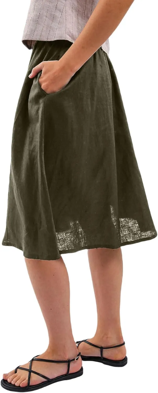 Amazhiyu Womens Pure Linen A Line Pleated Midi Skirt Elastic Waist with Pockets