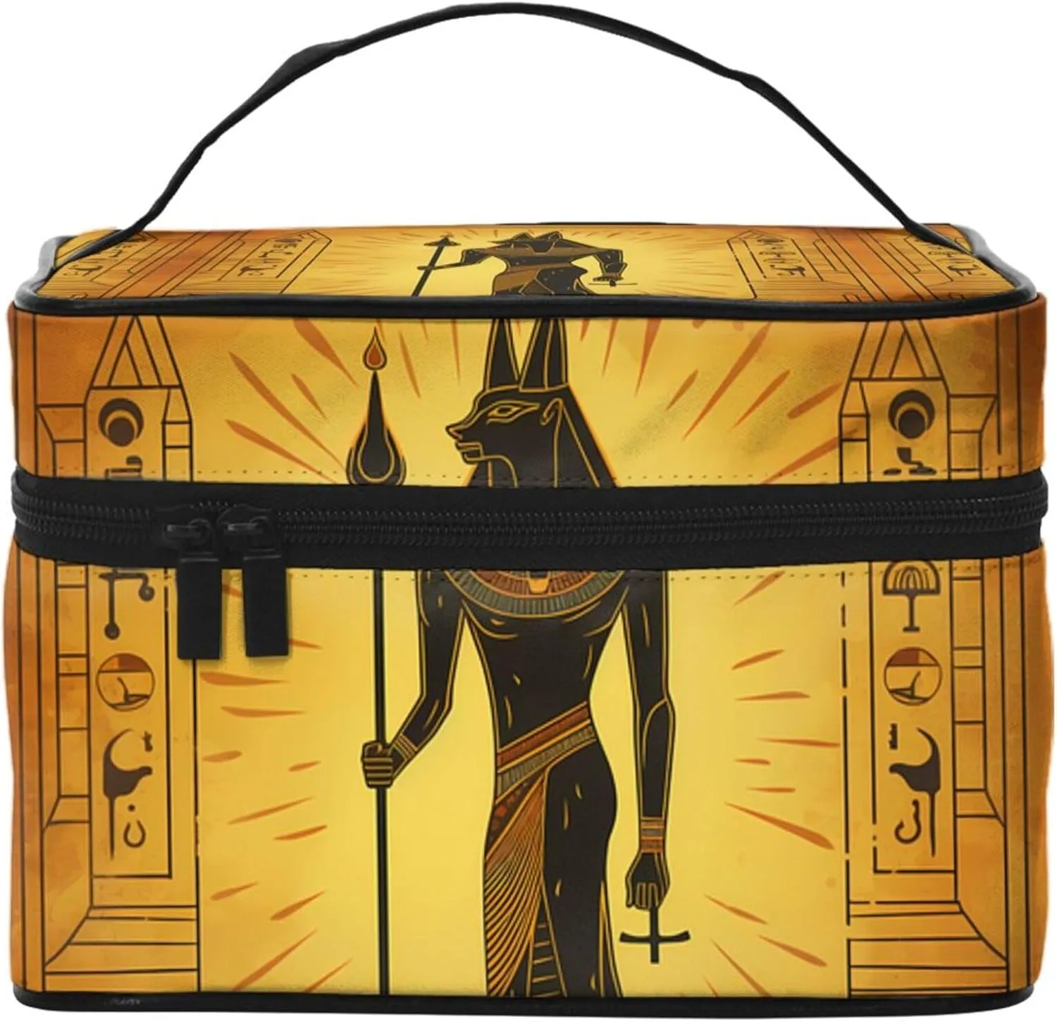 Ancient Egypt Hieroglyph Makeup Bag, Ethnic Cosmetic Case for Women Large Make Up Case Brush Organizer Storage Box Wide-open Toiletry Bag