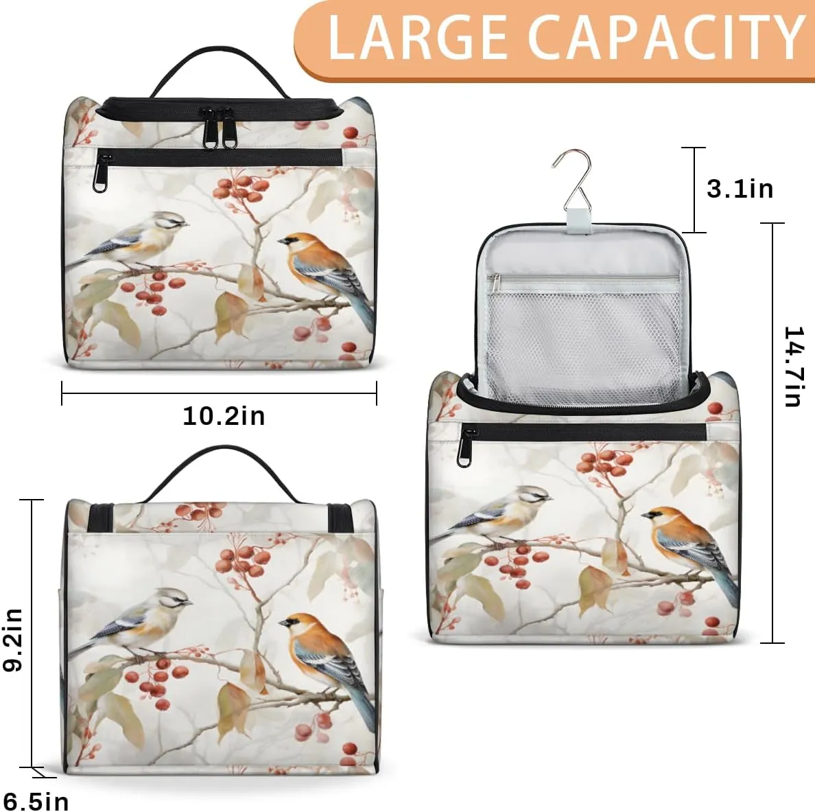 Animal Birds Make Up Bags for Women Travel Toiletry Bag Portable Makeup Organizer Bag with Metal Hook and Dividers Inside
