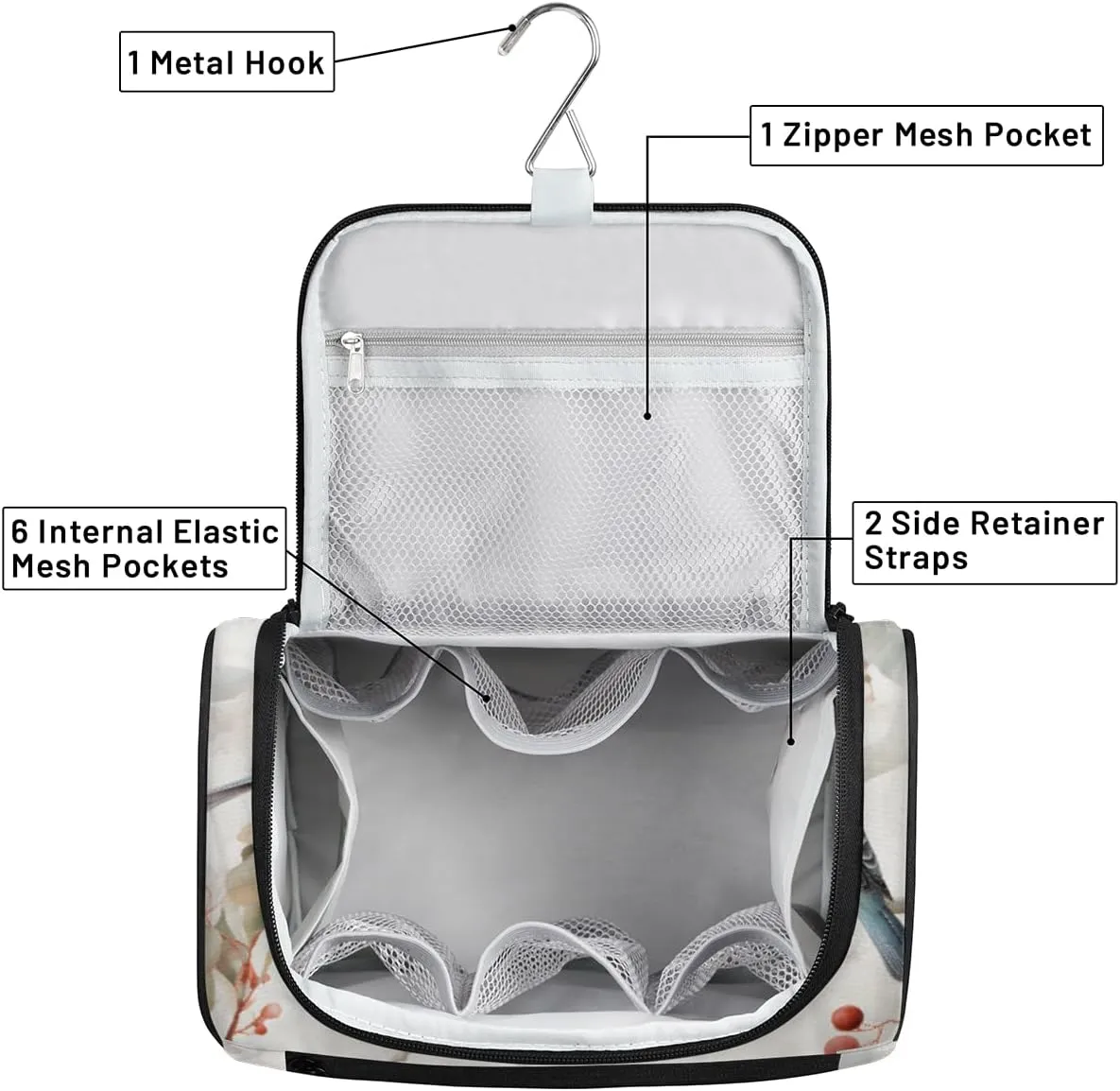 Animal Birds Make Up Bags for Women Travel Toiletry Bag Portable Makeup Organizer Bag with Metal Hook and Dividers Inside