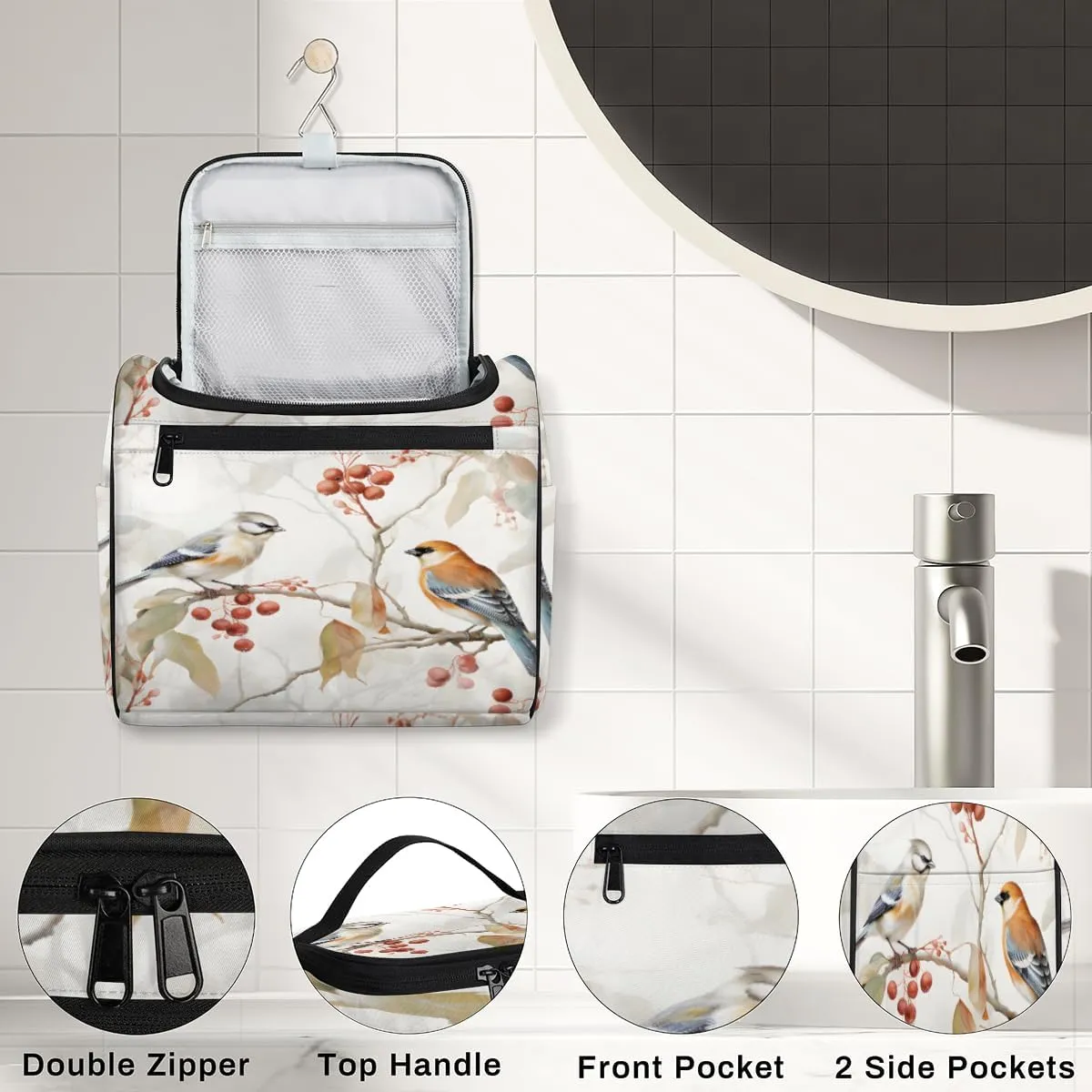 Animal Birds Make Up Bags for Women Travel Toiletry Bag Portable Makeup Organizer Bag with Metal Hook and Dividers Inside