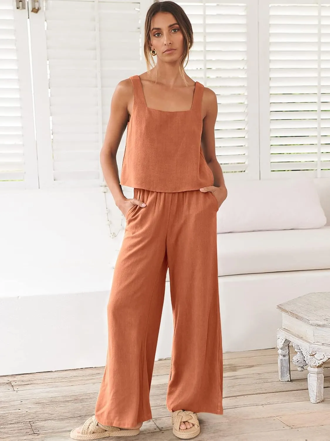 ANRABESS Women's 2 Piece Outfits Linen Pants Jumpsuit Matching Lounge Set Casual Summer Beach Vacation Trendy Clothes