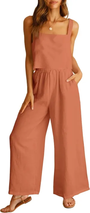 ANRABESS Women's 2 Piece Outfits Linen Pants Jumpsuit Matching Lounge Set Casual Summer Beach Vacation Trendy Clothes