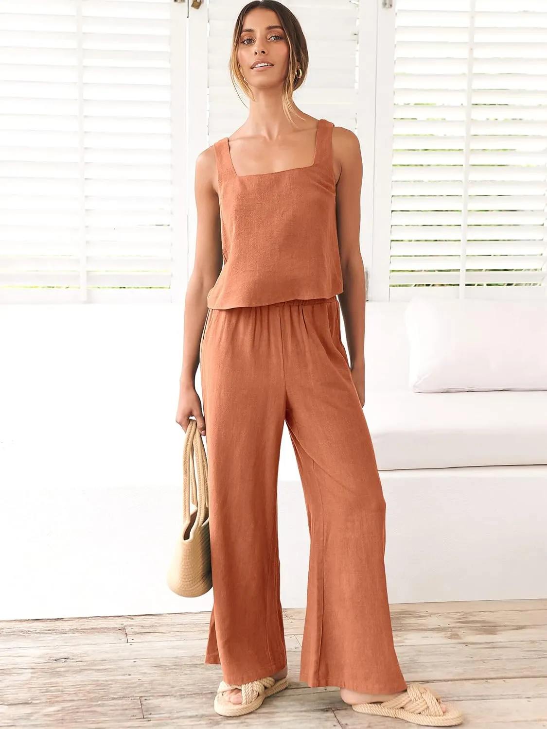 ANRABESS Women's 2 Piece Outfits Linen Pants Jumpsuit Matching Lounge Set Casual Summer Beach Vacation Trendy Clothes