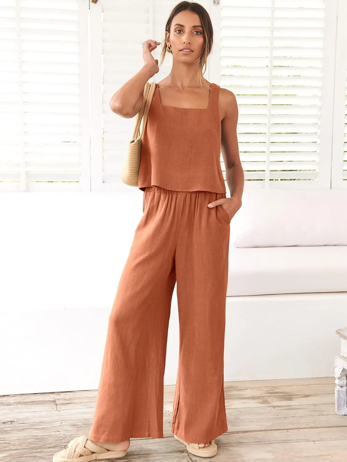 ANRABESS Women's 2 Piece Outfits Linen Pants Jumpsuit Matching Lounge Set Casual Summer Beach Vacation Trendy Clothes