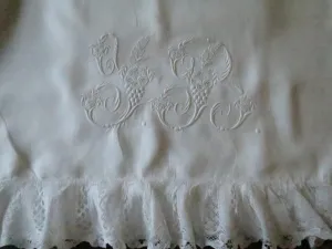 Antique Irish Linen Pair of Pillow Slips- Bobbin Lace & Hand Embroidered Monogram Y R