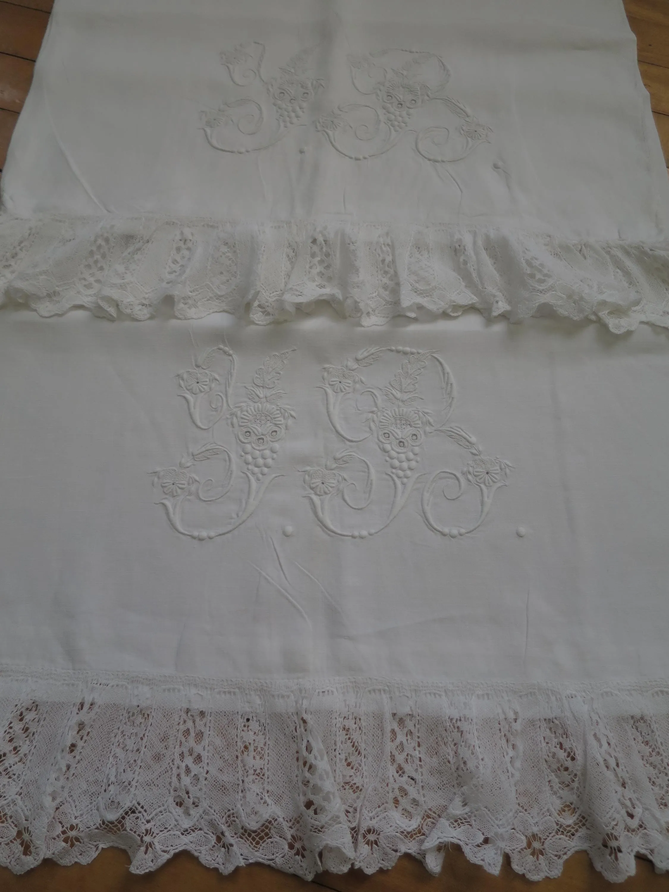 Antique Irish Linen Pair of Pillow Slips- Bobbin Lace & Hand Embroidered Monogram Y R