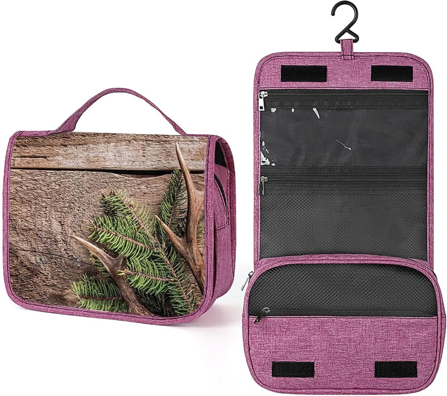 Antlers Pattern,Makeup Bag Cosmetic Travel Bag with Hanging Hook,Evergreen Branch Deer Antler,Water-resistant Make Up Bag Organizer for Brushes,Full-size Container,Toiletries,Brown