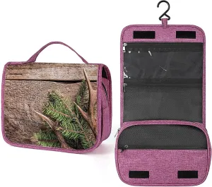 Antlers Pattern,Makeup Bag Cosmetic Travel Bag with Hanging Hook,Evergreen Branch Deer Antler,Water-resistant Make Up Bag Organizer for Brushes,Full-size Container,Toiletries,Brown