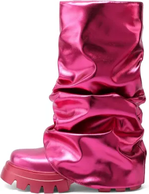 Arqa Fold Over Boots For Women Lug Sole Mid Calf Boot Slouched Ruched Platform Riding Booties Summer Party Shoes