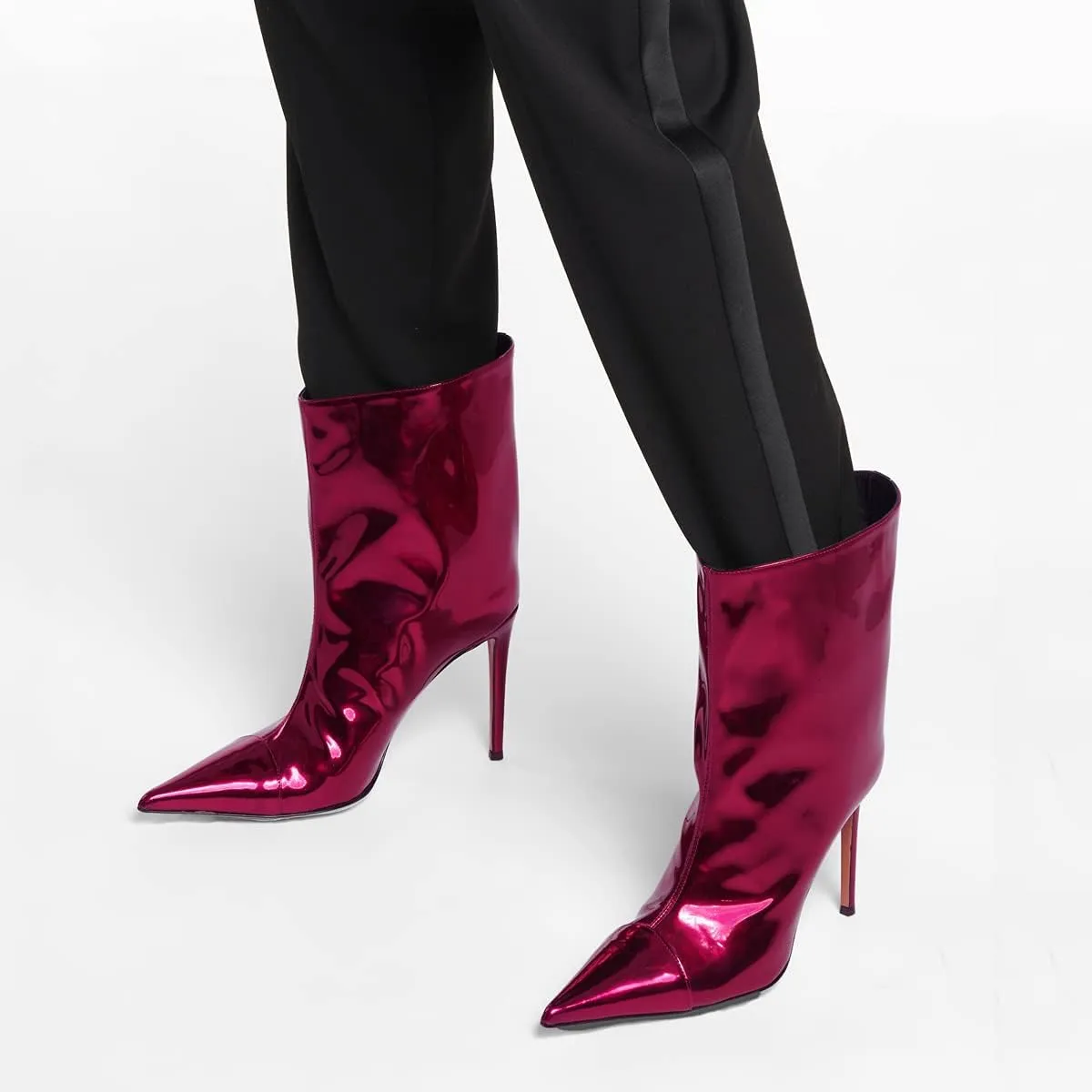 Arqa Women's Metallic Leather Boots, Pointed Toe Stiletto Heel Ankle Boot Wide Calf Fall Fashion Booties