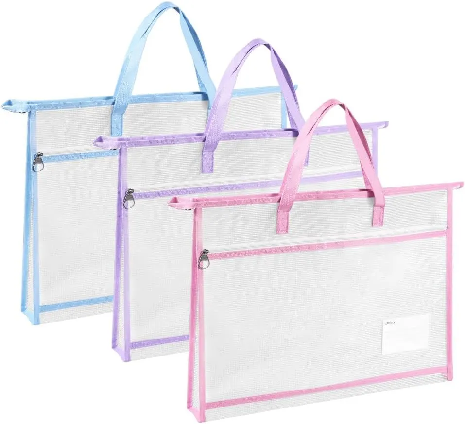 Art Portfolio Bag,3 PCS Transparent Nylon Mesh A3 Project Bag with Zipper and Handle for Quilting Craft Storage Artworks Charts Teaching Material Multipurpose