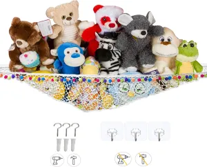 ASBE Jumbo Toy Hammock for Stuffed Animals -Stuffed Animal Net or Hammock, Hanging Ball Net, Doll Net to Hang on Bedroom Wall – Teddy Bear Hanging Net –3 Adhesive Hooks - Jumbo Mesh Kids Toys