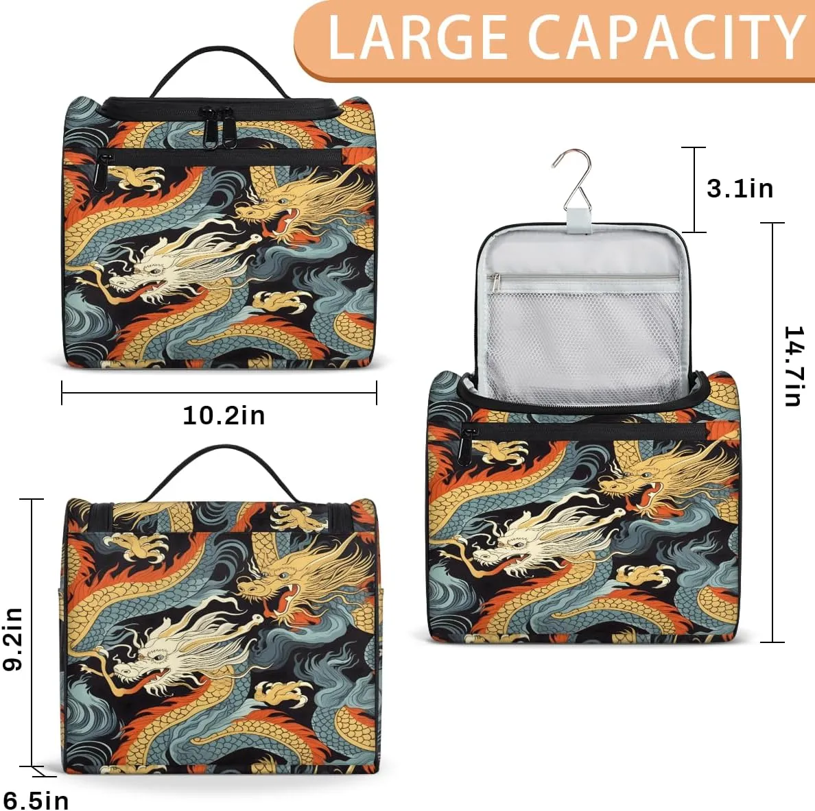 Asian Dragon Travel Toiletry Bag for Men and Women, Large Hanging Makeup Bag Organizer Toiletries Bag for Travel, Cosmetic Bag with Handle