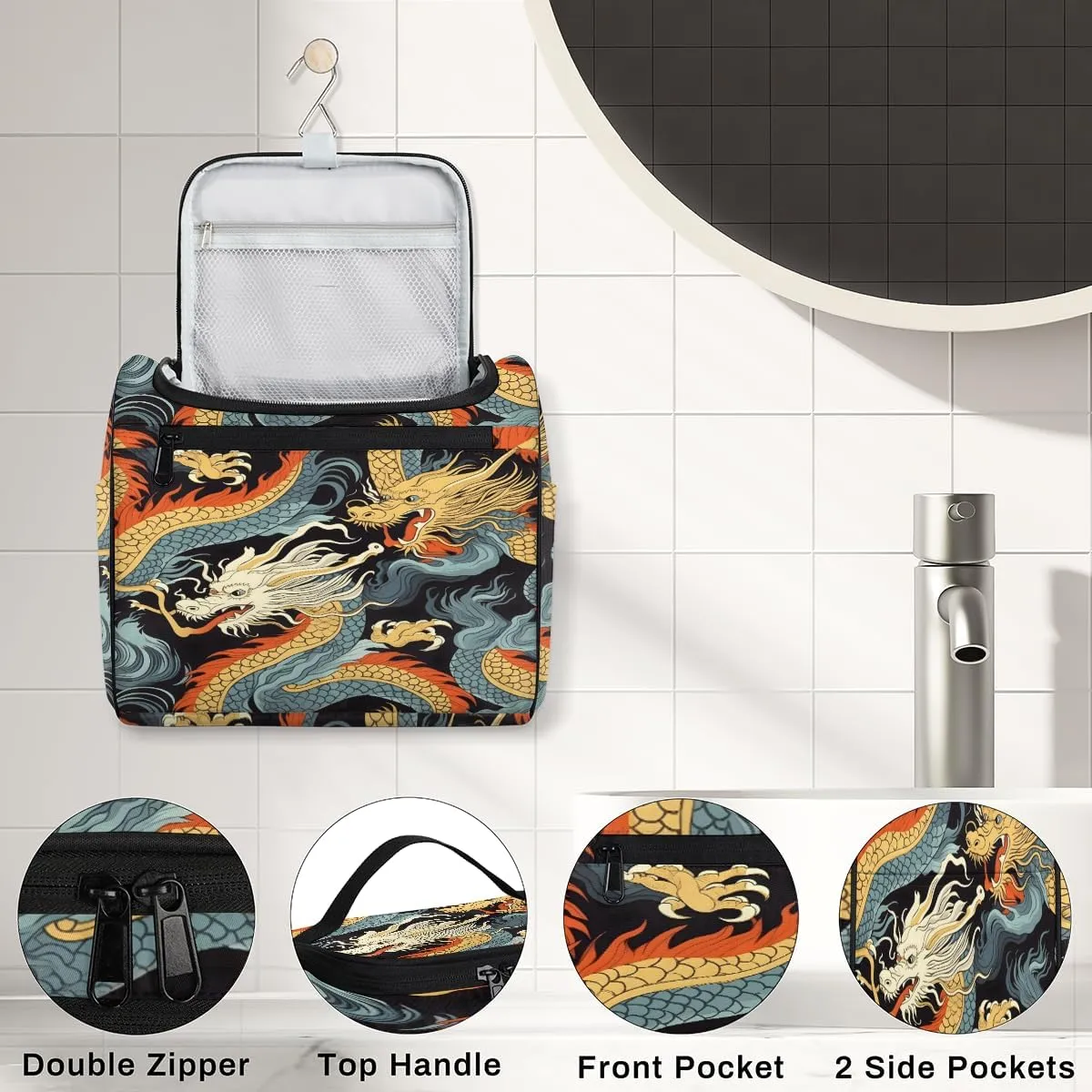 Asian Dragon Travel Toiletry Bag for Men and Women, Large Hanging Makeup Bag Organizer Toiletries Bag for Travel, Cosmetic Bag with Handle