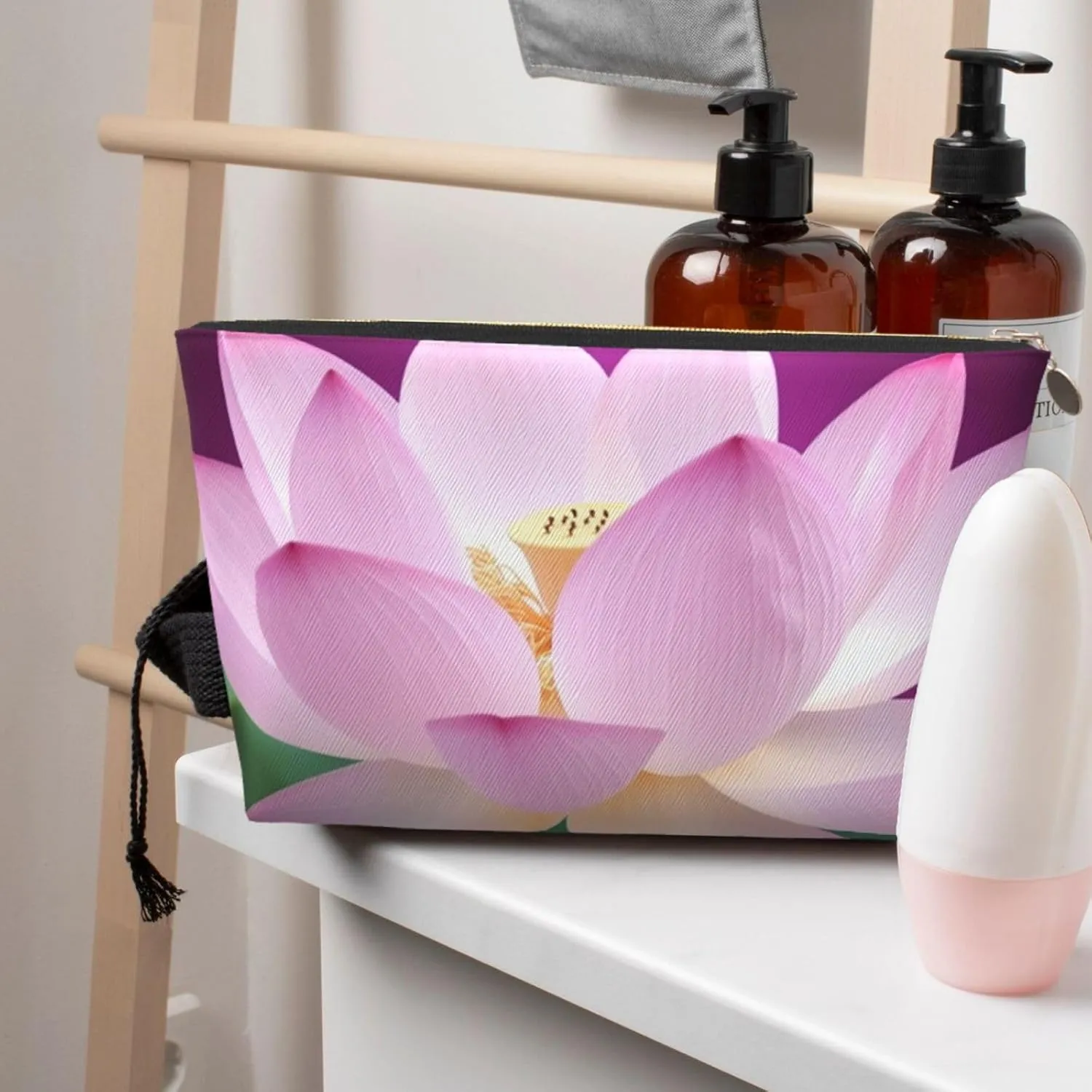 Asian Lotus Flower Cosmetic Bag Pu Leather Waterproof Makeup Bag Portable Travel Toiletry Bag Organizer Gold Zipper Pouch For Women Ladies Gift