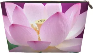 Asian Lotus Flower Cosmetic Bag Pu Leather Waterproof Makeup Bag Portable Travel Toiletry Bag Organizer Gold Zipper Pouch For Women Ladies Gift