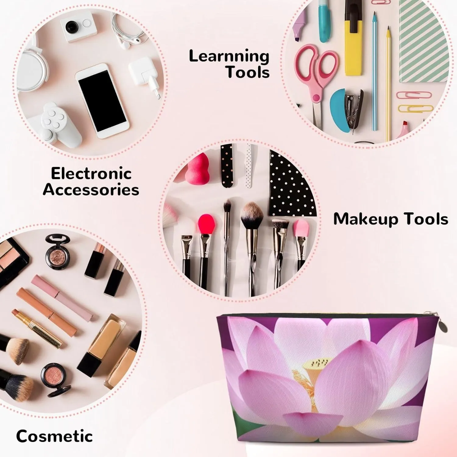 Asian Lotus Flower Cosmetic Bag Pu Leather Waterproof Makeup Bag Portable Travel Toiletry Bag Organizer Gold Zipper Pouch For Women Ladies Gift