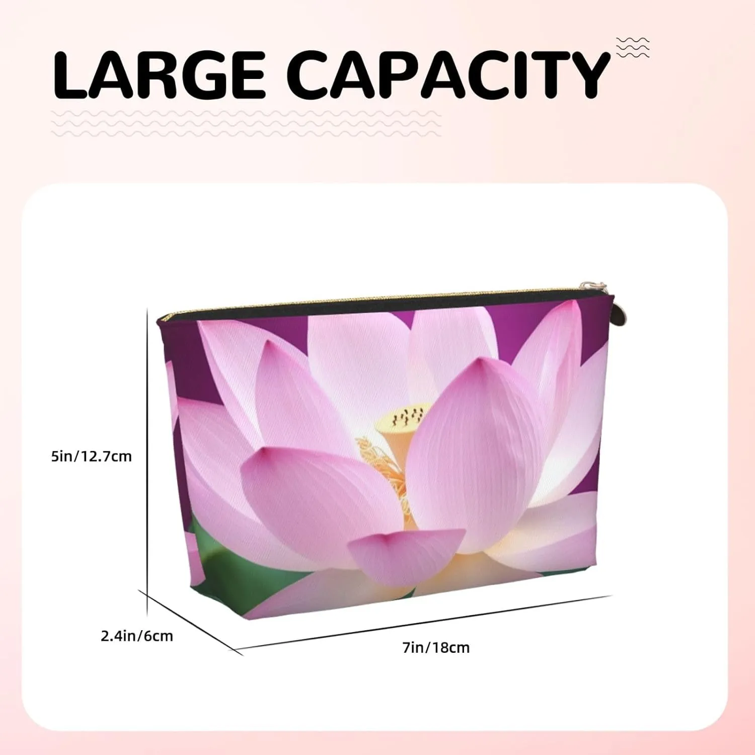 Asian Lotus Flower Cosmetic Bag Pu Leather Waterproof Makeup Bag Portable Travel Toiletry Bag Organizer Gold Zipper Pouch For Women Ladies Gift