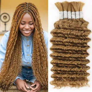 Auburn Ginger Human Braiding Hair for Boho Braids 150g 14 Inch Bulk Human Hair for Braiding Curly Boho Hair for Braiding Knotless 12A Deep Wave Bohemian 6 Bundles/Pack 30#