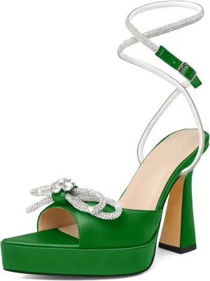 AUMOTED Women Platform Pumps High Heels Rhinestone Double Bows Heels Pointed Toe Satin Block Pumps Ankle Strap Crystals Lace Up Wedding Sandals Shoes 4.7 Inch