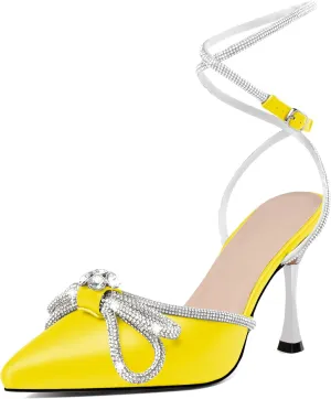 AUMOTED Women Stiletto High Heels Rhinestone Bow Heels Sparkly Wedding Closed Pointed Toe Sexy Satin Crystal Ankle Strap Pumps Bridal Dress Heeled Sandals 3.4 Inch