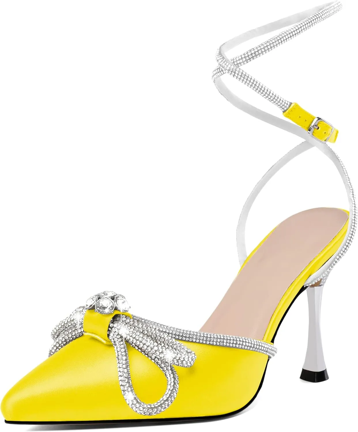 AUMOTED Women Stiletto High Heels Rhinestone Bow Heels Sparkly Wedding Closed Pointed Toe Sexy Satin Crystal Ankle Strap Pumps Bridal Dress Heeled Sandals 3.4 Inch