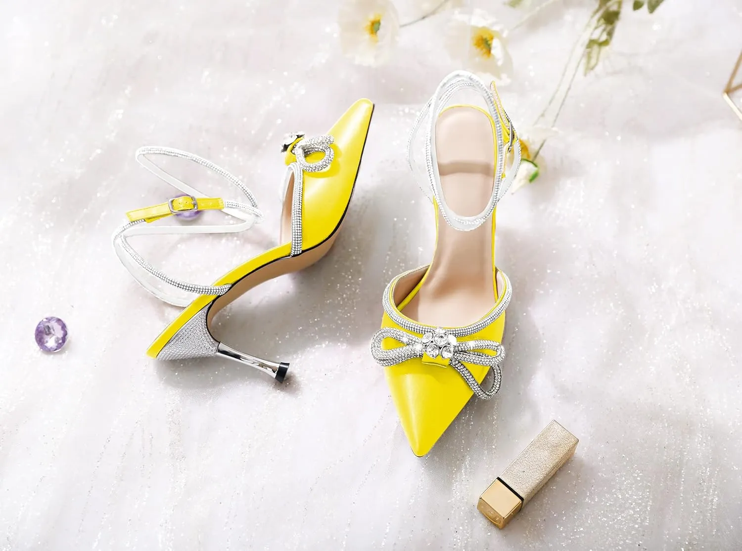 AUMOTED Women Stiletto High Heels Rhinestone Bow Heels Sparkly Wedding Closed Pointed Toe Sexy Satin Crystal Ankle Strap Pumps Bridal Dress Heeled Sandals 3.4 Inch