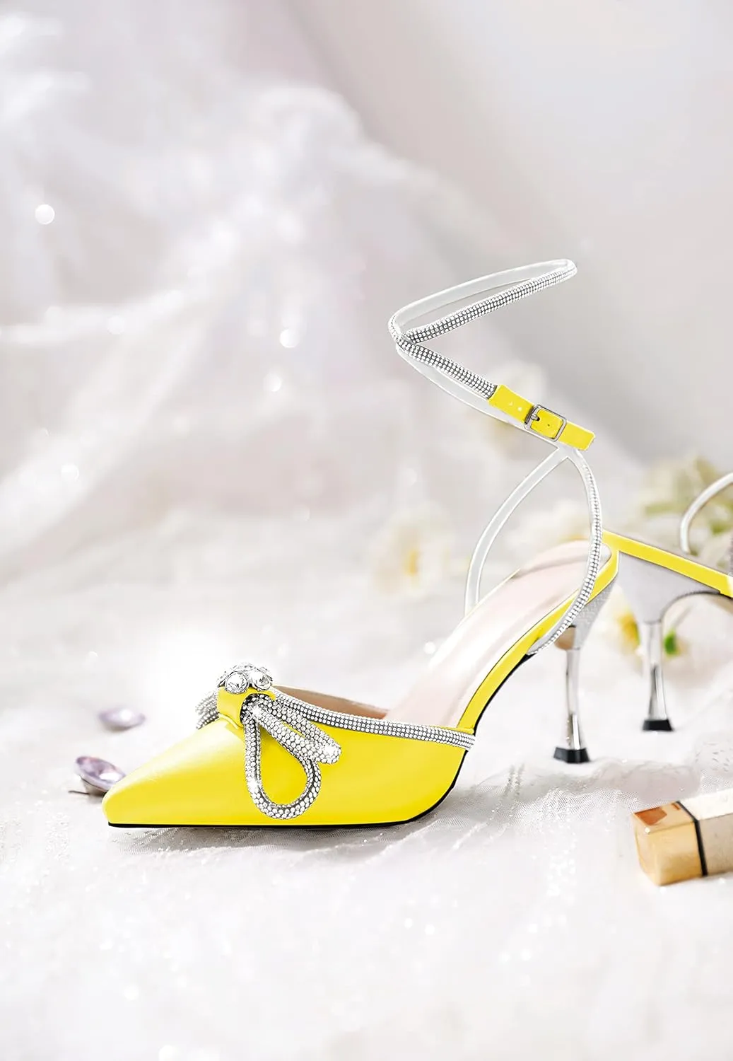 AUMOTED Women Stiletto High Heels Rhinestone Bow Heels Sparkly Wedding Closed Pointed Toe Sexy Satin Crystal Ankle Strap Pumps Bridal Dress Heeled Sandals 3.4 Inch