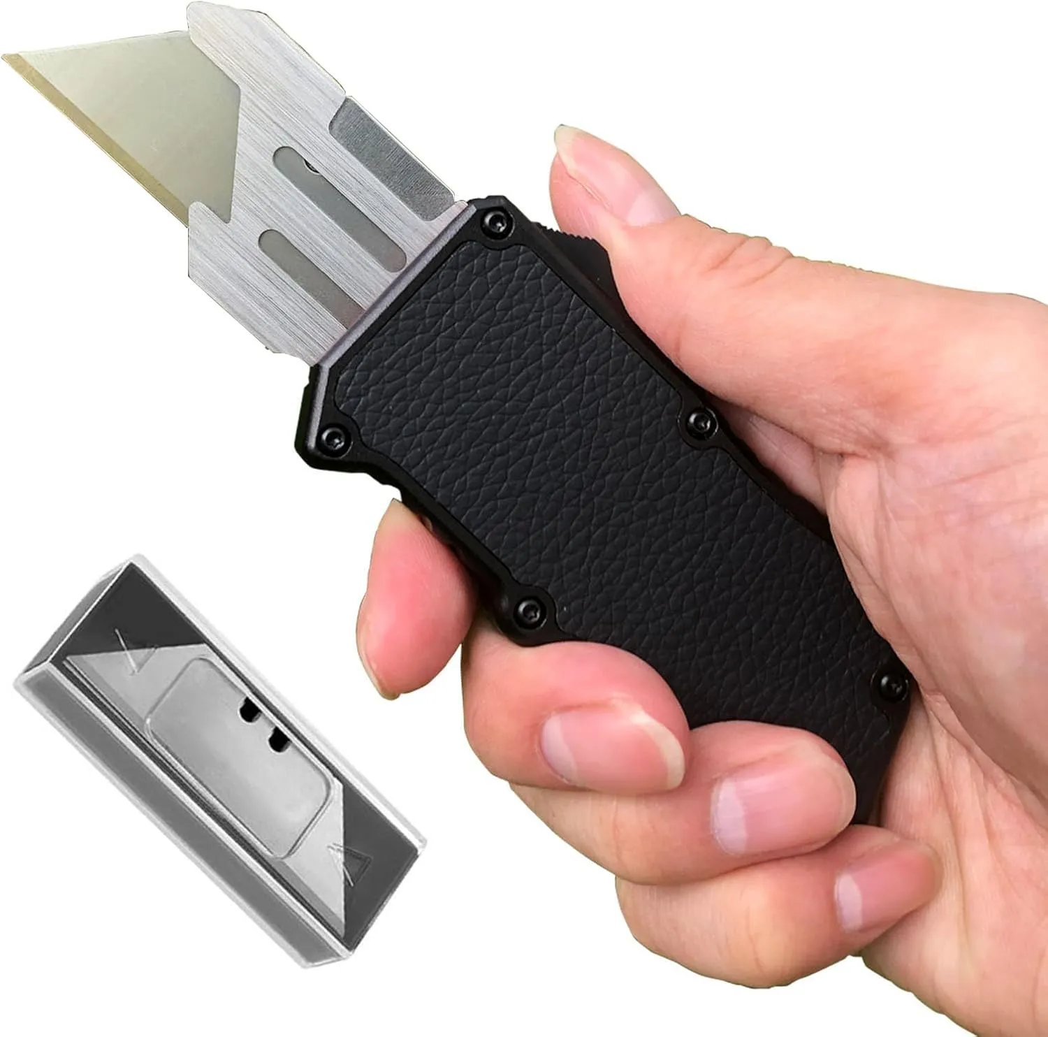 Automatic Utility Knife, Black Razor Blades Pocket Knife, Box Cutters Retractable Heavy Duty, Premium Safety Push Button Knife with 5PCS Blades