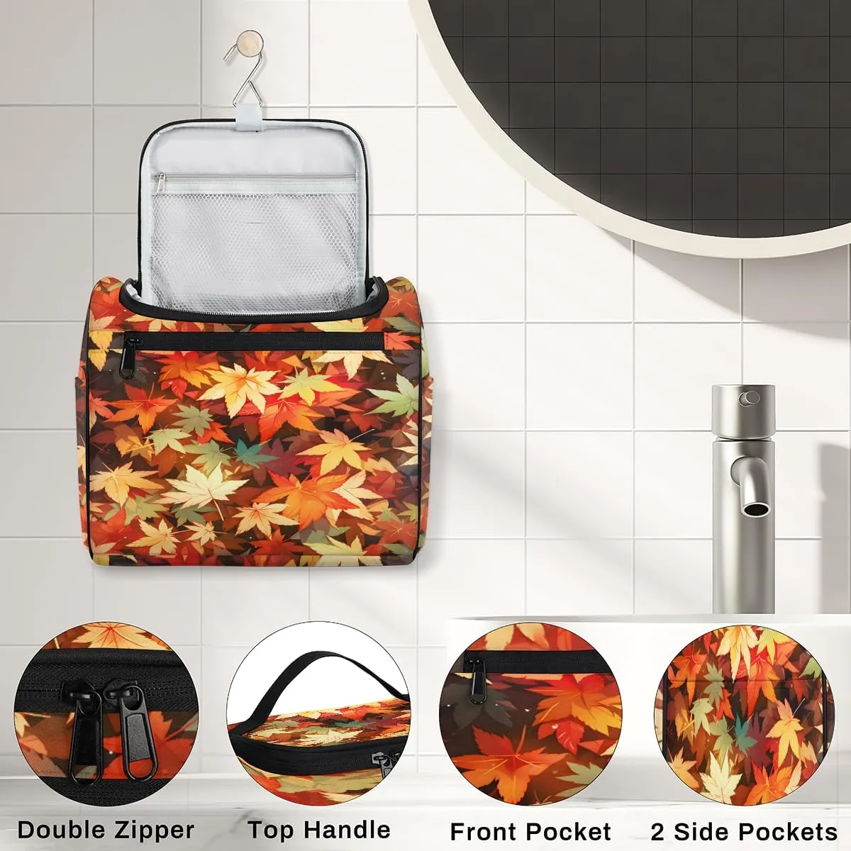 Autumn Fall Leaf Maple Leaves Travel Toiletry Bag for Men and Women, Large Hanging Makeup Bag Organizer Toiletries Bag for Travel, Cosmetic Bag with Handle