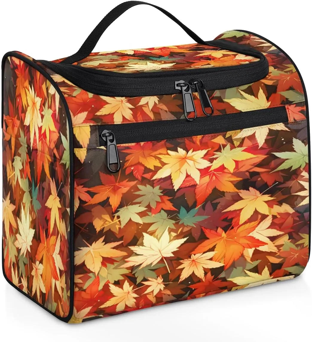 Autumn Fall Leaf Maple Leaves Travel Toiletry Bag for Men and Women, Large Hanging Makeup Bag Organizer Toiletries Bag for Travel, Cosmetic Bag with Handle