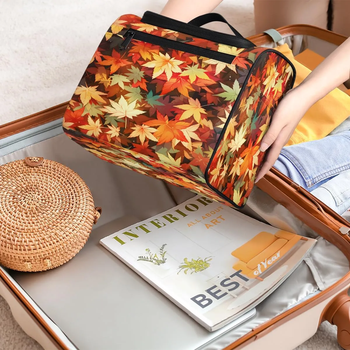Autumn Fall Leaf Maple Leaves Travel Toiletry Bag for Men and Women, Large Hanging Makeup Bag Organizer Toiletries Bag for Travel, Cosmetic Bag with Handle