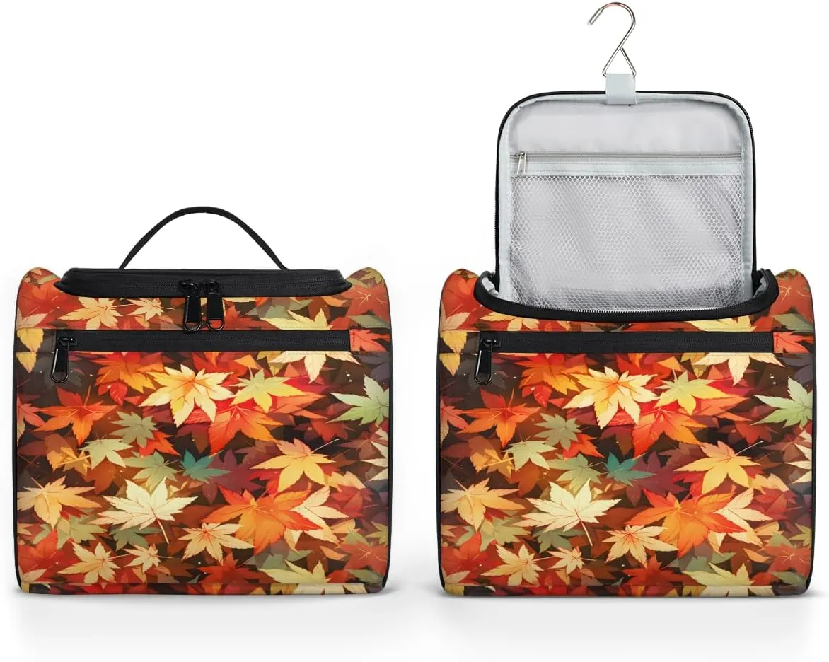 Autumn Fall Leaf Maple Leaves Travel Toiletry Bag for Men and Women, Large Hanging Makeup Bag Organizer Toiletries Bag for Travel, Cosmetic Bag with Handle