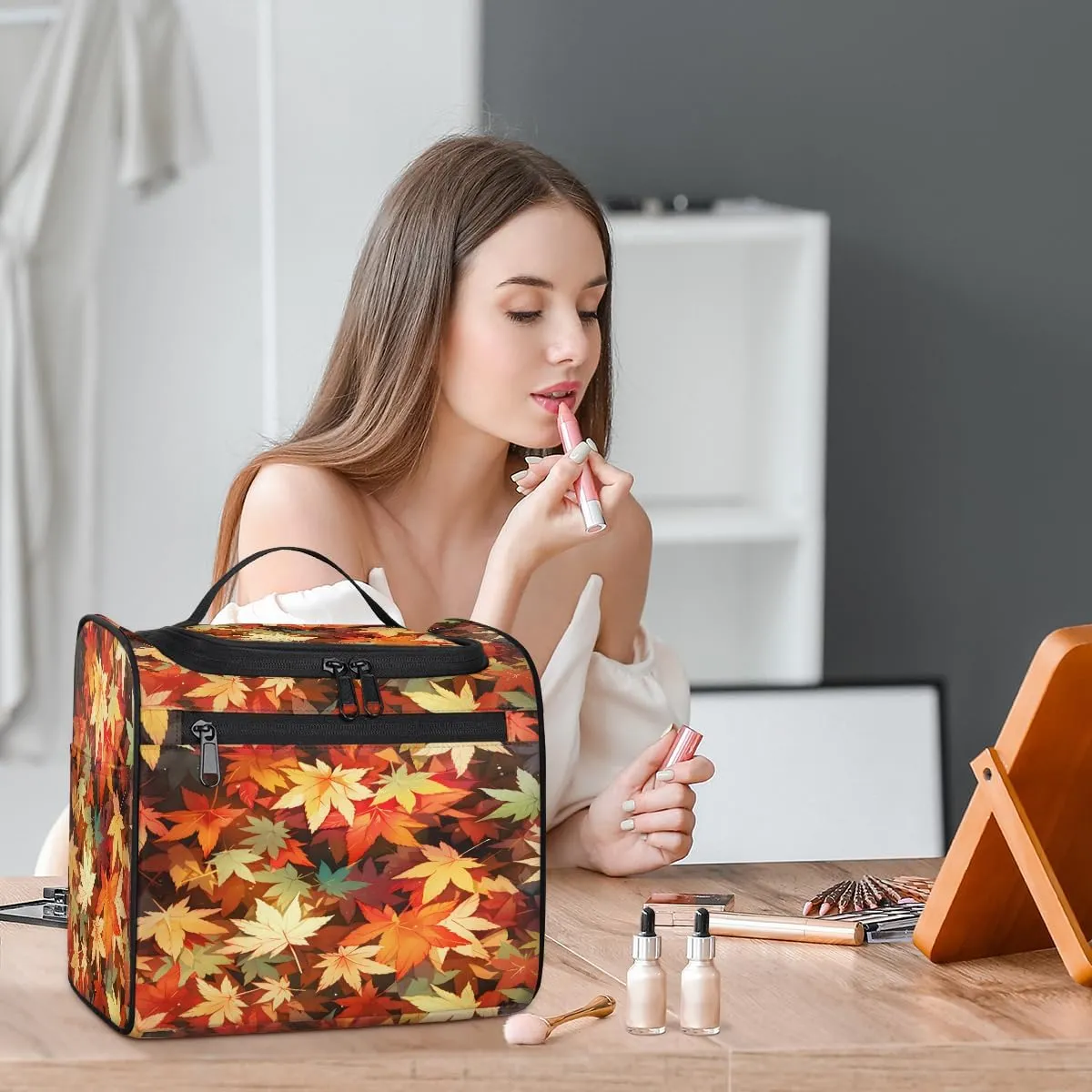 Autumn Fall Leaf Maple Leaves Travel Toiletry Bag for Men and Women, Large Hanging Makeup Bag Organizer Toiletries Bag for Travel, Cosmetic Bag with Handle
